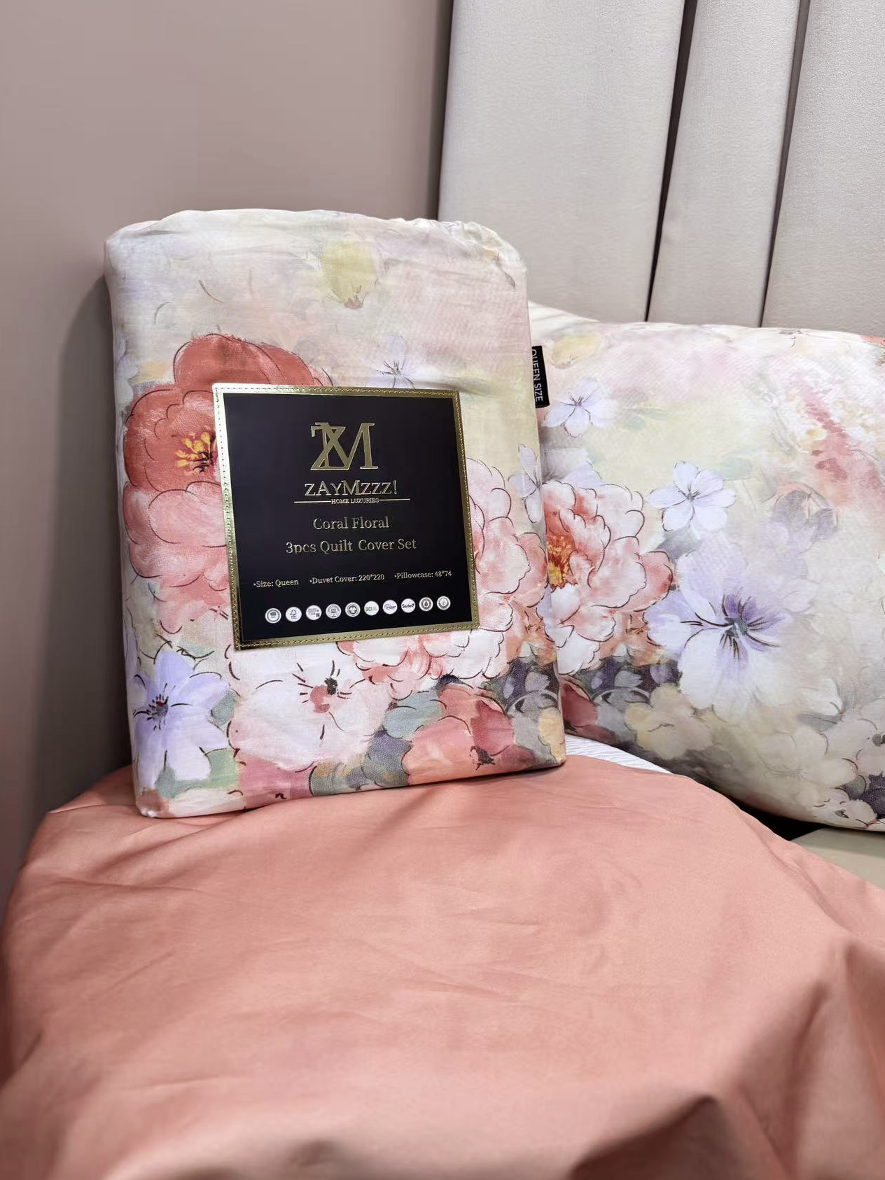 zAyMzzz! Coral Floral Duvet Cover Set